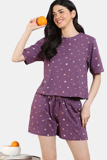 Buy Zivame Starry Nights Knit Cotton Shorts Set - Berry Conserve